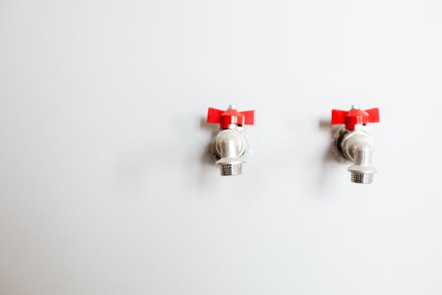 Two small faucets with red caps on a white wall.