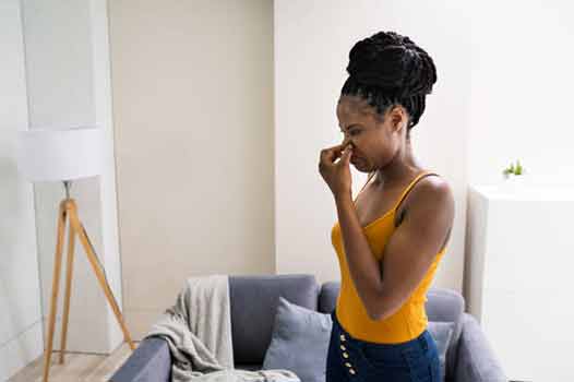 a woman smelling sewer odors in her basement bathroom.