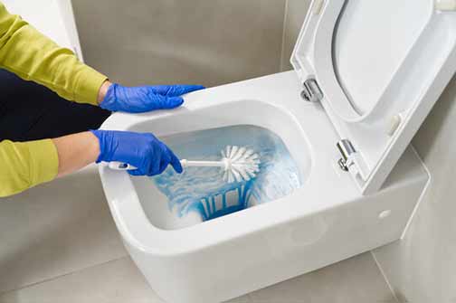 a woman cleaning her toilet.