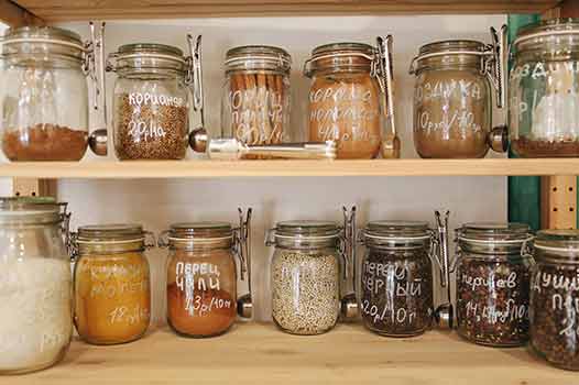 a pantry with proper food storage.